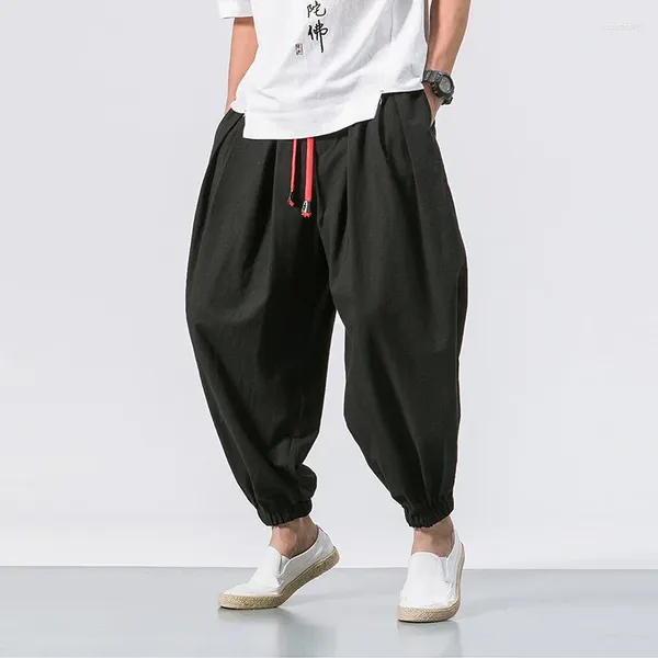 Pantaloni da uomo in cotone e lino stile cinese Haren giapponese taglie forti Casual banda larga bocca tinta unita