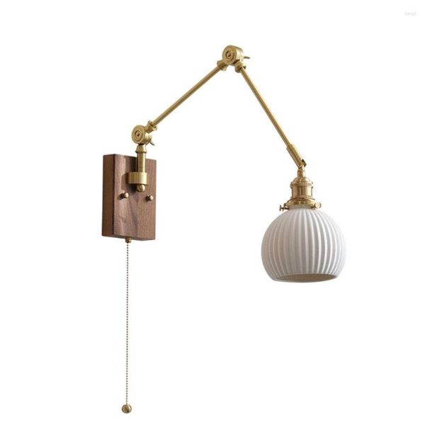 Lampada da parete anticata con luci regolabili, applique con braccio oscillante lungo in ceramica, rame, con interruttore per la decorazione della casa sul comodino della camera da letto