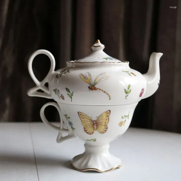 Set di stoviglie per il tè Set di tazze da tè con teiera a farfalla con libellula con bordo dorato / Una tazza impilata retrò