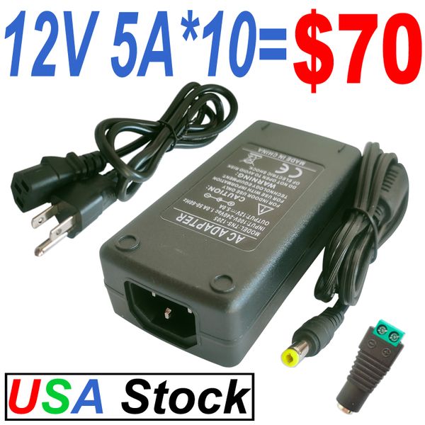 Transformadores de iluminação 12V 5A Adaptador de alimentação AC/DC Adaptador de energia de 100-240V Adaptador de parede 60W Conversor de potência de comutação regulamentado 5.5x2.5 5.5x2.1mm DC Crestech888