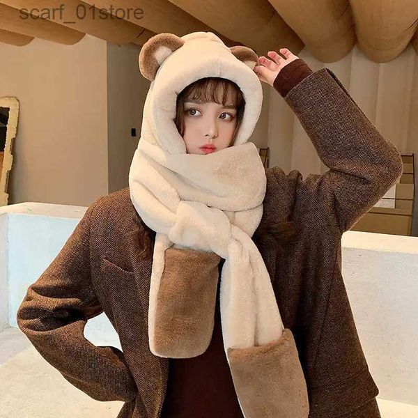 Cappelli Sciarpe Set Nuovo 3 pezzi / set Sciarpa orso addensato Cappello G Set Donna Carino Janese Kaii Peluche invernale All-in-one Con cappuccio caldo GsL231113