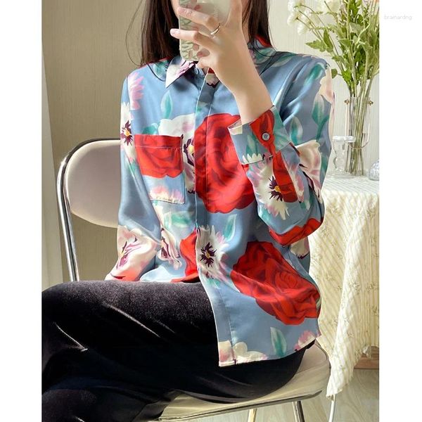 Blusas femininas estilo flor impressa seda topo primavera e outono solto manga comprida camisa amoreira moda nacional