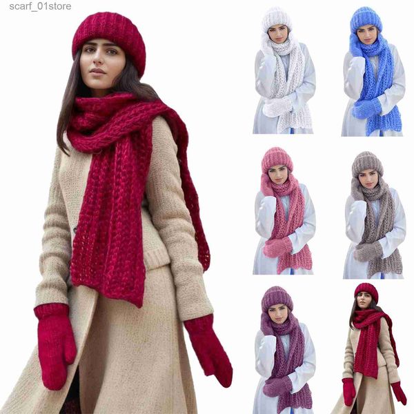 Chapéus cachecóis conjuntos moda feminina chapéu de malha cachecol gs macio conjunto de três peças quente inverno cor sólida acessórios de moda para tempo frio newl231113