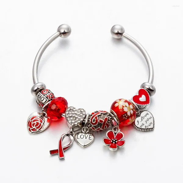 Strand ANNAPAER Design Fashio Bracciale rigido in acciaio inossidabile Gioielli Fiore rosso Cuore Perline Bracciale con ciondoli Offerta speciale Regalo per le donne