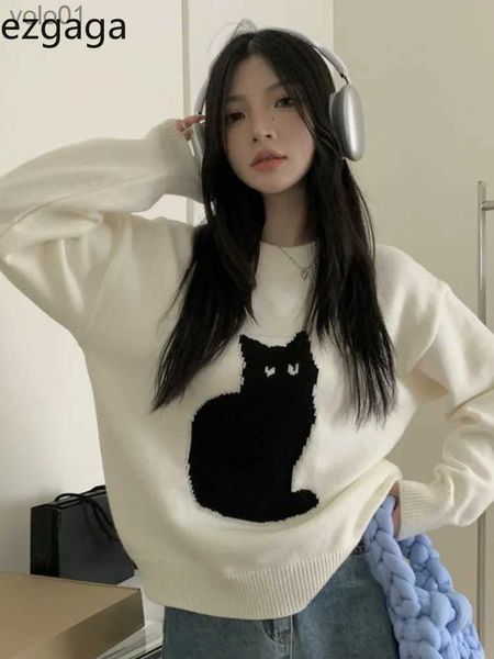 Женские свитера Ezgaga Sweet Sweater Pullover Women Cartoon Cat Pullover Осень-зима Верхняя одежда Свободные винтажные вязаные топы Fe FashionL231113