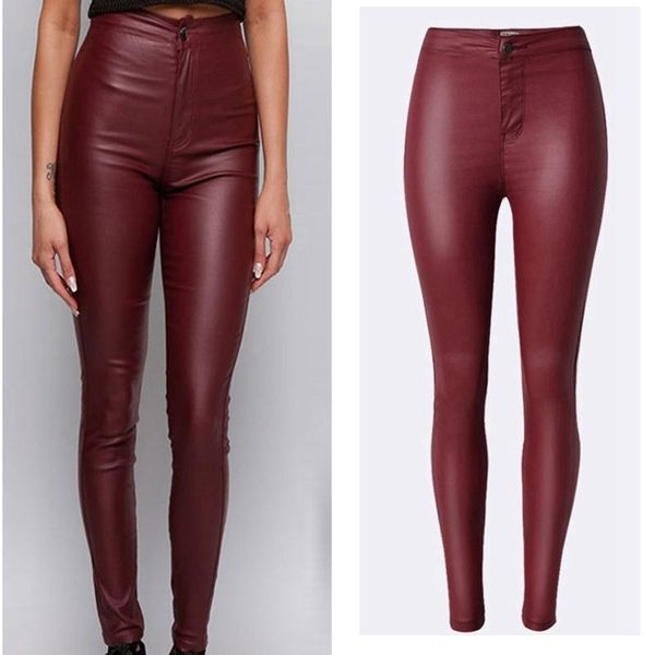 Pantaloni da donna Fashion Leggings in pelle elasticizzati lucidi a vita alta Pantaloni a matita alla caviglia sexy da festa in finta vino rosso1