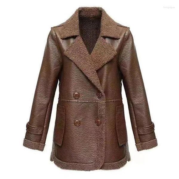 Giacca corta inverno in pelle d'autunno femminile da donna crollo sciolto collare color puro colore addensato tasca di moda esterna fuori cappotto femmina