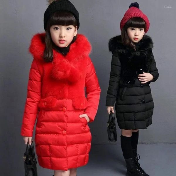 Unten Mantel 2023 Winter Warme Jacken Für Mädchen Mode Fell Kapuze Kinder Wasserdichte Outwear Kinder Baumwolle Gefüttert Parkas