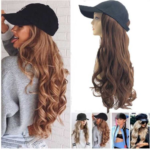 Peruca de cabelo longo e encaracolado, chapéu de lã encaracolado com peruca, uma moda feminina natural, capa completa de cabeça