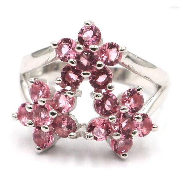 Кольца-кластеры 18x18 мм в форме романтического цветка 4,7 г Розовый турмалин Дымчатый топаз Женская повседневная одежда Стерлинговое серебро 925 пробы
