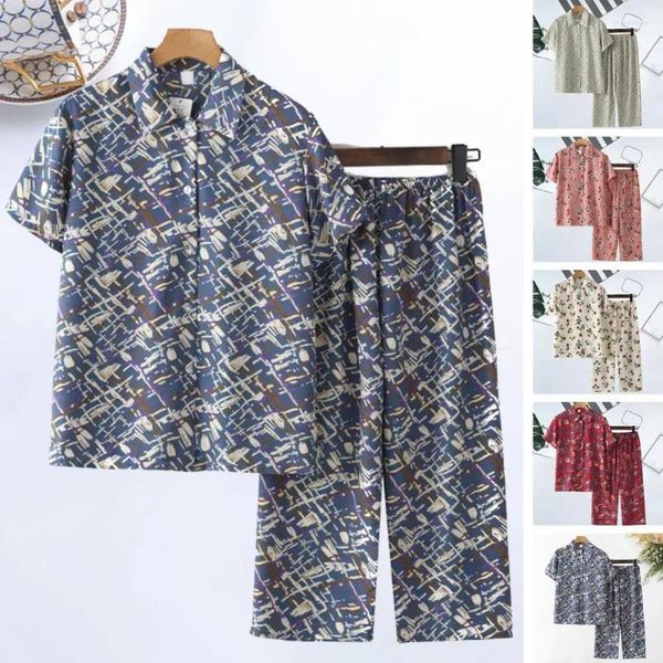 Calças femininas de duas peças 2 unidades / conjunto lapela manga curta trespassado roupa casual cintura elástica perna larga mãe de meia idade camisa com estampa floral