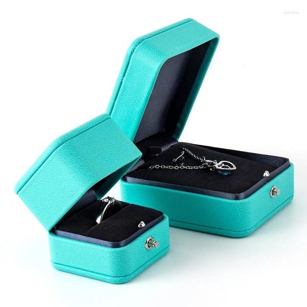 Bolsas de jóias luxo romântico t azul caixa de presente de couro anel colar organizador de armazenamento de embalagem para casamento propor