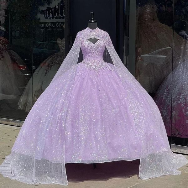 Parlak leylak prenses quinceanera elbise ile cape parıltı boncuklu kristaller top 15. doğum günü balo parti elbisesi vestidos 322