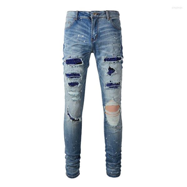 Erkekler Kot Mavi Tasarım Erkekler Kristal Stretch Denim Street Giyim Boyalı Yama Sıska Konik Pantolon Delikleri Yırtılmış Sıkıntılı Pantolon