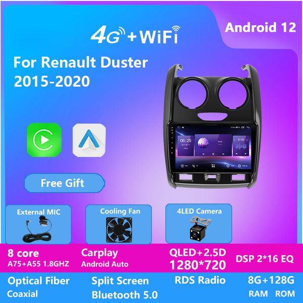 Android 12 Vídeo 128G para Renault Duster 2015-2020 Radio de carro Multimedia Player GPS Navigation Automotor Audio Accessorie