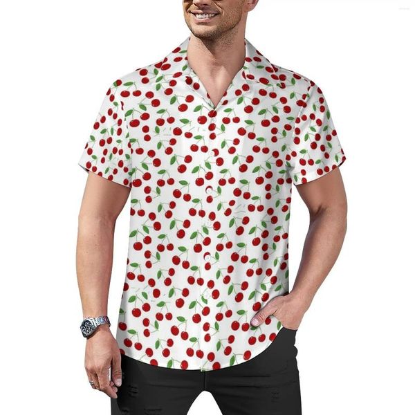 Camisas casuais masculinas cerejas vermelhas impressão camisa bonito frutas praia solta havaiano streetwear blusas manga curta impresso roupas oversize