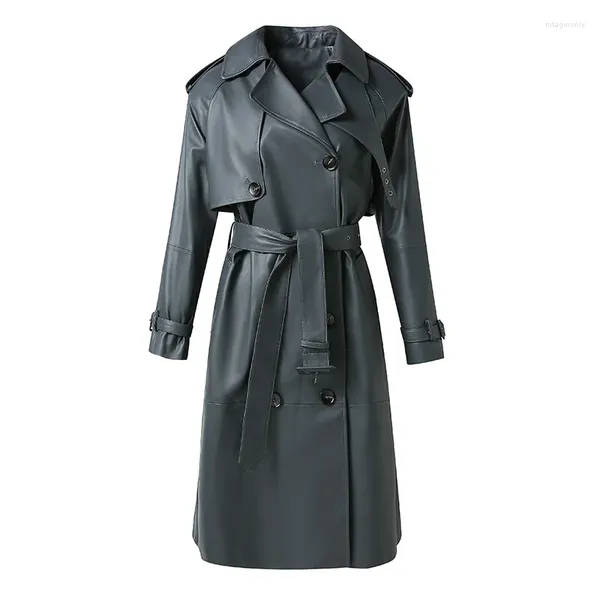 Couro feminino 2023 design senhora luxo trench coat moda genuína pele de carneiro longo jaqueta outono inverno pele de cordeiro