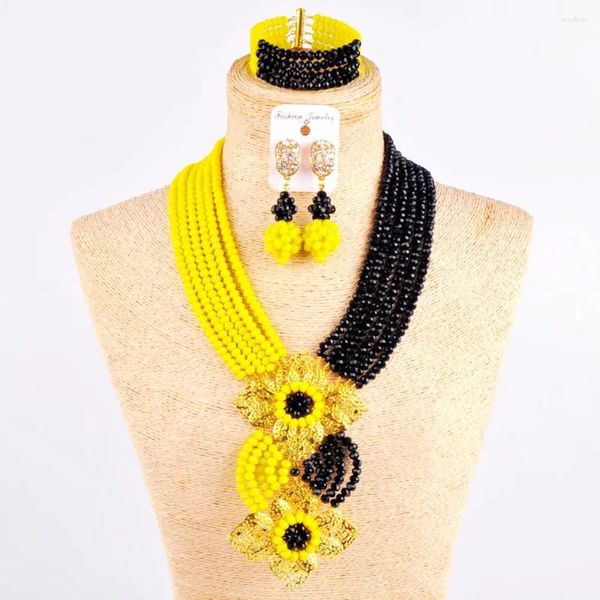 Colar brincos conjunto opaco amarelo preto cristal grânulo traje africano contas jóias