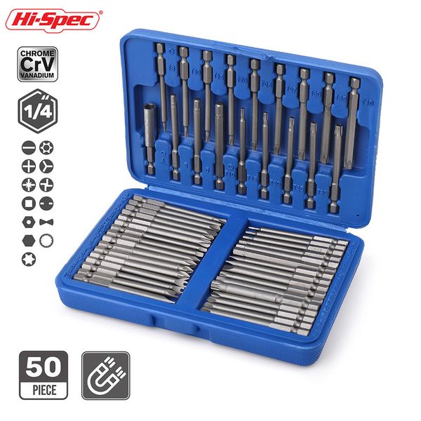 Chaves de fenda Hi-Spec 50pc 75mm de comprimento conjunto de bits de segurança 1/4 s kit torx estrela hexágica spline 230412