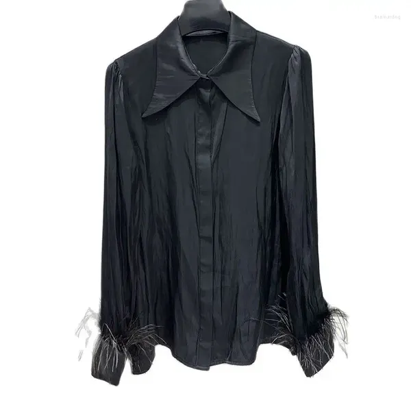 Blusas femininas 23retro blusa preta moda pista única lapela lapela avestruz manga camisa y2k versátil mulheres roupas de alta qualidade