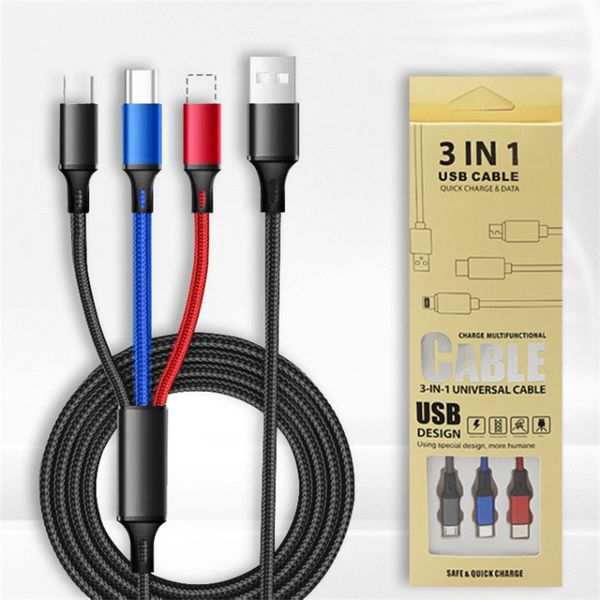 Dati treccia di nylon 1.2M 3 in 1 Ricarica cavo di ricarica USB multiplo Cavo 3A IOS Tipo C Micro per iPhone Samsung Huawei LG con scatola al dettaglio