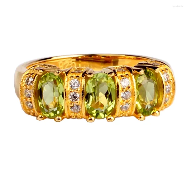 Cluster-Ringe, goldfarben, 925er Silber, Ring für Damen, echter grüner Peridot, 3 Steine, 4 x 6 mm, ovaler Edelsteinschmuck, August-Geburtsstein R091GPN