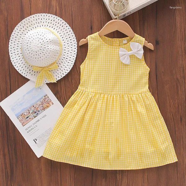 Mädchen Kleider Sommer Kind Kleid Hut Casual Plaid Ärmellos Elegante Hochzeit Kostüm Kleinkind Kleidung Bogen Geburtstag Party Baby Set A1118