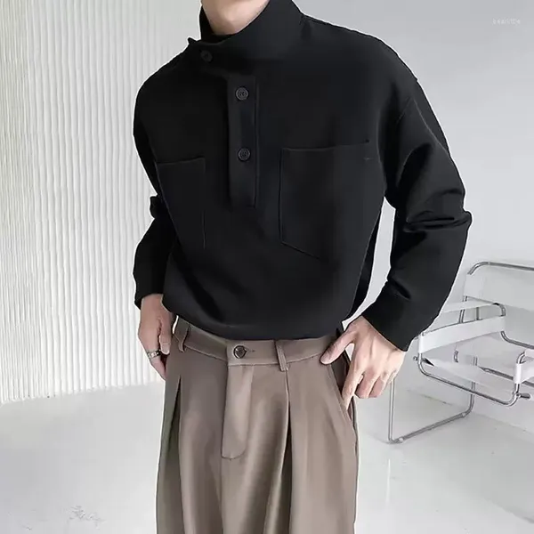 Camisas casuais masculinas Único suporte pescoço camisa de manga comprida homens moda harajuku coreano cor sólida minimalismo y2k roupas masculinas