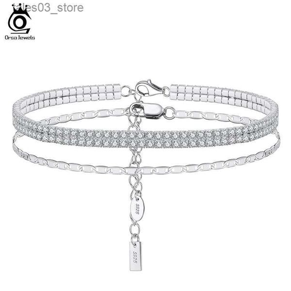 Tornozeleiras ORSA JEWELS 925 Sterling Silver Italian Sparkle Mirror Link 2mm 2 Linhas Tornozeleira de Tênis para Mulheres Pé Pulseira Tornozelo Jóias SSA03 Q231113