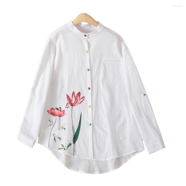 Женские блузки красивая летняя весенняя блуза Big Hem Shirt Stand Stand Complar Lotus Flower Pattern upp