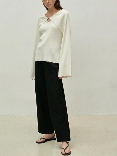 Suéteres femininos pulôver para senhoras 2023 decote em v falso duas peças emenda xale fino elegante camisola de manga comprida