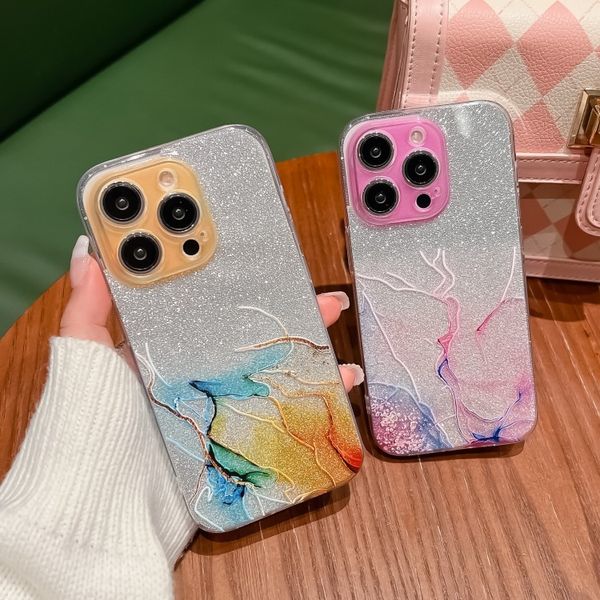 Glitzer Bling Aquarellmalerei Marmor Klare Hüllen Weiche TPU-Kameraobjektivschutz Stoßfeste funkelnde glänzende Abdeckung für iPhone 15 14 13 12 11 Pro XR XS Max X 8 7 Plus