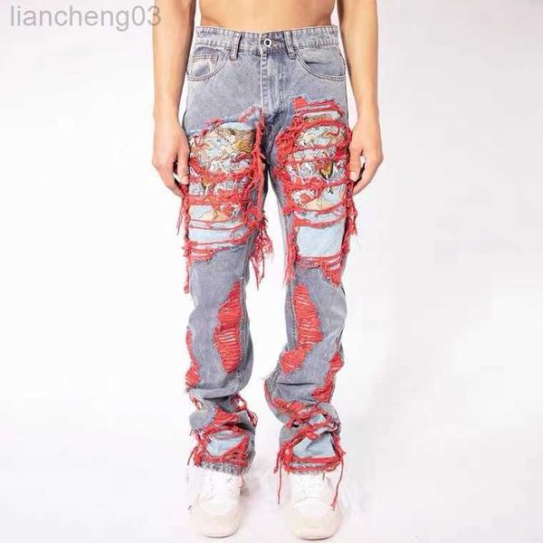 Herrenjeans High Street Hip Hop Destroy Brushed Bestickte Baggy Jeans Casual Straight Leg Denim Pants Man Women W0413