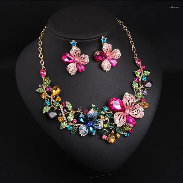 Halskette Ohrringe Set Luxus Hochzeit Schmuck Kristall Für Frauen Glänzende Blume Neckalce Frau Verlobung Jahrestag Geschenk