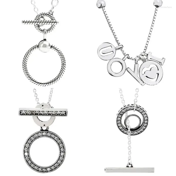 Ciondoli Originali in argento sterling 925 con pavé di cerchio Logo Cuore O Doppio cerchio T-bar Ti amo Collana per fascino di perline Gioielli fai da te