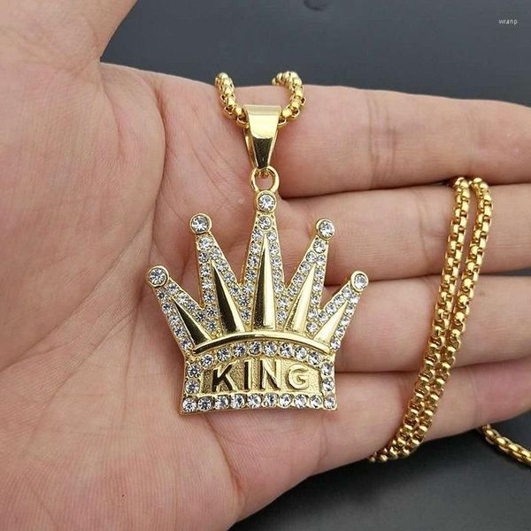 Anhänger Halsketten Trendy Titan Stahl Halskette Für Männer Vergoldet Strasssteine König Krone Hip Hop Schmuck Geschenk