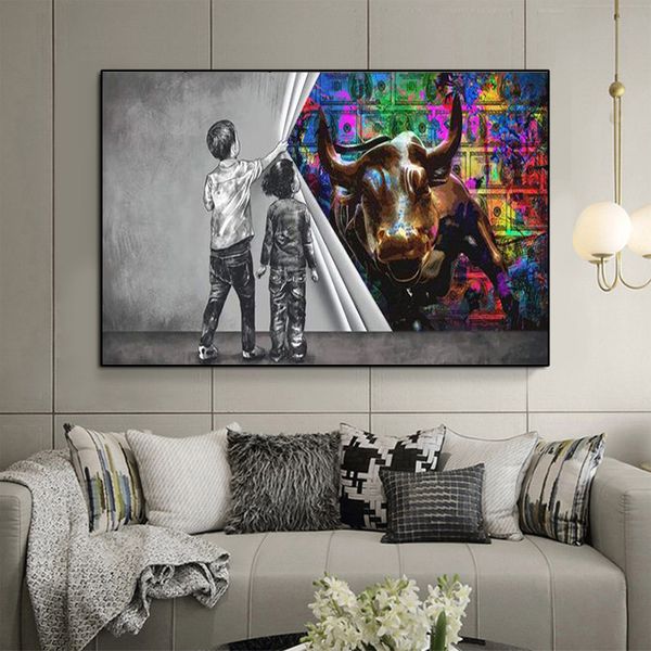 Dipinto su tela Graffiti Dollari dietro la tenda Art Bull Money Poster Stampe Wall Art Picture for Living Room Decor Cuadros NO FRAME