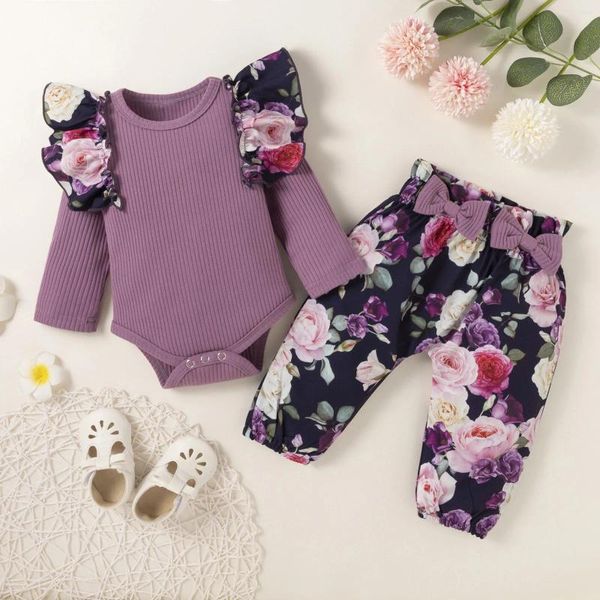 Conjuntos de roupas Bebê Menina Ação de Graças Outfit 0-3 Meses Tops Sólidos Calças Florais Ruffle Ribbed Bow Romper Meninas 0 3