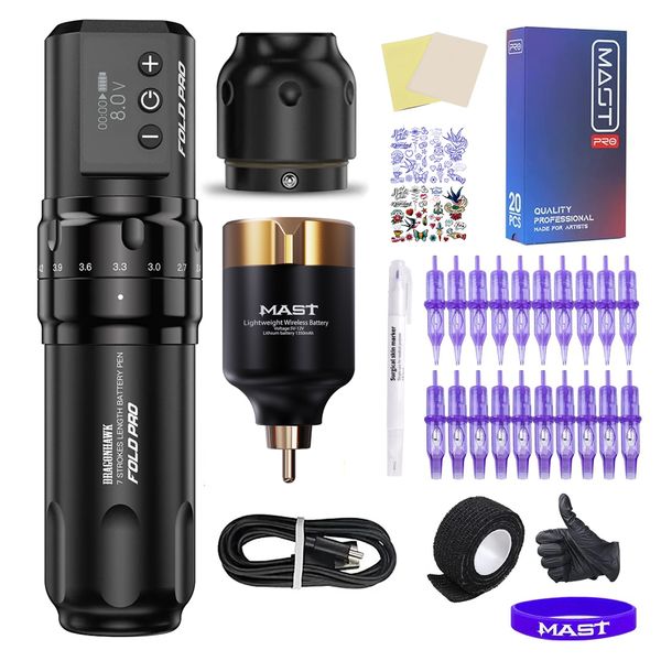 Dragonhawk Fold Pro Wireless Tattoo Kit Tattoo Stift Maschine Mast T1 Batterie Patrone Nadeln TZ-032T