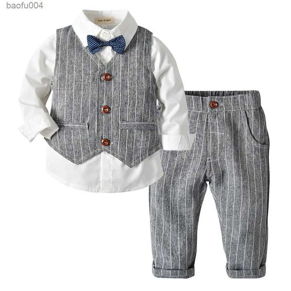 Kleidung Sets Jungen Anzüge Kleidung Anzüge Für Hochzeit Gestreiften Baby Weste Hemd Hosen Kinder Jungen Oberbekleidung Kleidung Set R231113