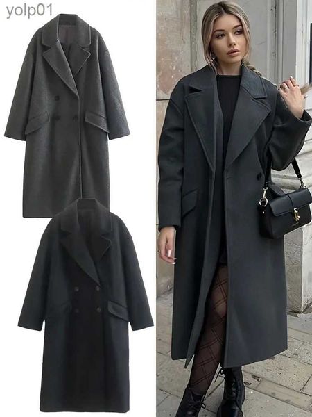 Trench da donna Cappotto da donna in lana con bottoni grigi autunno e inverno Cappotto lungo ispessito moda Giacca con tasca lunga con scollo a V retròL231113