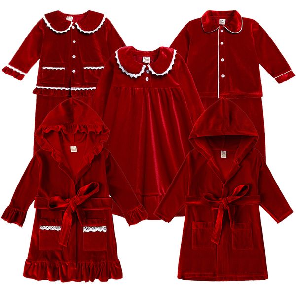 Семейные подходящие наряды Детские рождественские одежды пижама красные золотые бархатные платья Семейная матча мальчик девочка рождественский костюм малыш