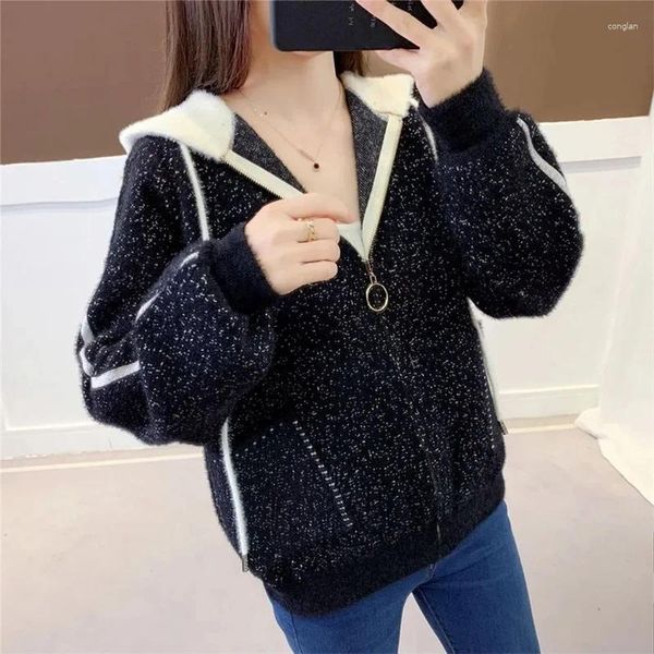 Jaquetas femininas camisola cardigan senhoras estilo ocidental vison veludo casaco primavera outono 2023 zíper jaqueta com capuz outerwear feminino topos