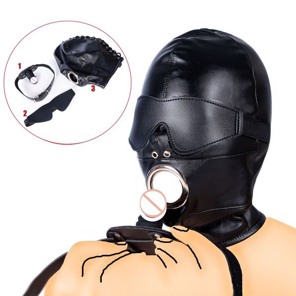 Giocattoli per adulti PU Maschera in pelle Cappuccio Benda Testa Harnes Maschera con dildo Pene Bocca Bavaglio Fetish Schiavo BDSM Bondage Giocattoli adulti del sesso per donne Uomini 230413