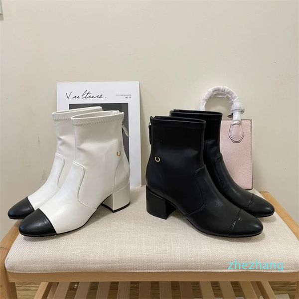 2024-mulheres botas de tornozelo meados de saltos sapatos de festa sapato de luxo designer boné toe zíper pérolas arco embelezado moda volta zíper robusto preto branco senhoras casamento