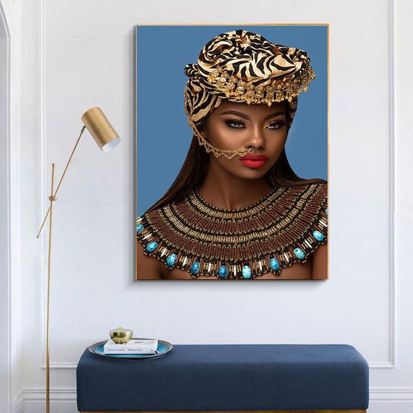 Mulher de nudez africana de ouro indiana com tela de pintura de lona vermelha de pintura e impressões de arte escandinava de arte de parede para sala de estar