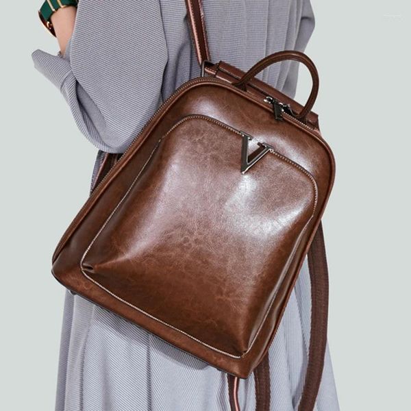 Школьные сумки, масляный воск, натуральная кожа, женский рюкзак, через плечо, коровья кожа, рюкзак, модный женский рюкзак в стиле ретро, рюкзак
