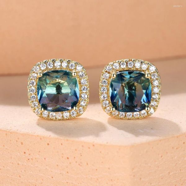 Brincos de parafuso prisioneiro corte almofada gradiente azul verde pedra quadrado para mulheres prata ouro cor luxo zircão casamento orelha studs jóias