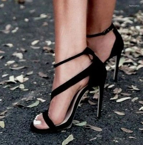 Sandálias verão salto alto 11cm stilettos fivela cinta preta camurça sapatos de casamento fino pano de lantejoulas