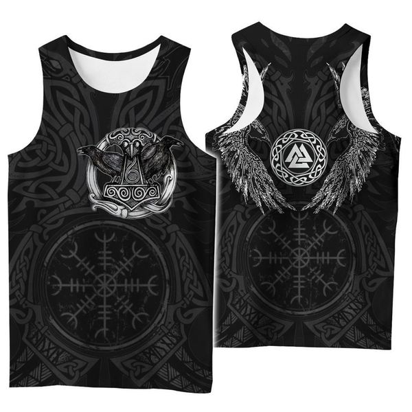 Erkek tank üstleri viking sembolü dövme kuzgun 3d baskılı erkek gömlek yelek harajuku moda kolsuz tişört yaz sokak kıyafeti unisex tank üstleri 230412